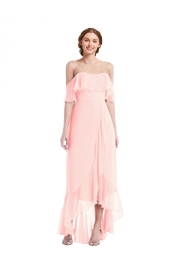 Compre Rosa línea A Hombros Descubiertos Gasa Largo Asimétrico Vestidos de dama de honor