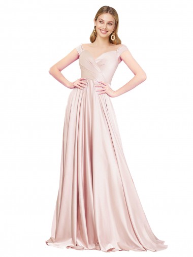 Compre Rosa línea A Hombros Descubiertos Satén Largo Formales Vestidos de dama de honor / Vestidos de fiesta