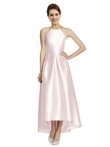 Compre Rosa línea A Tirantes espagueti Halter Satén Largo Asimétrico Vestidos de dama de honor