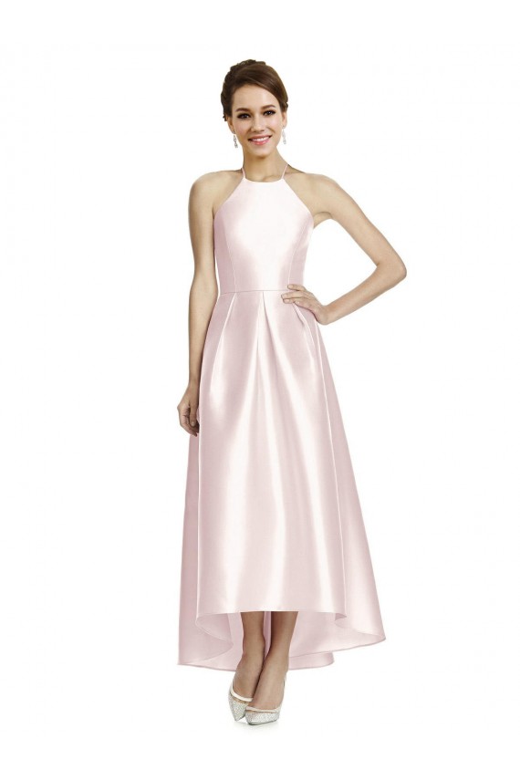 Compre Rosa línea A Tirantes espagueti Halter Satén Largo Asimétrico Vestidos de dama de honor