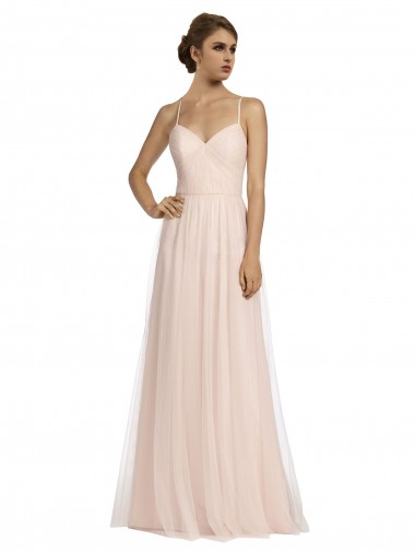 Compre Rosa línea A Tirantes espagueti Tul Largo Vestidos de dama de honor