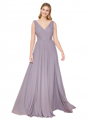 Compre Rosa polvorienta línea A Cuello en V Cuello Alto Gasa Largo Formales Vestidos de dama de honor / Vestidos de fiesta