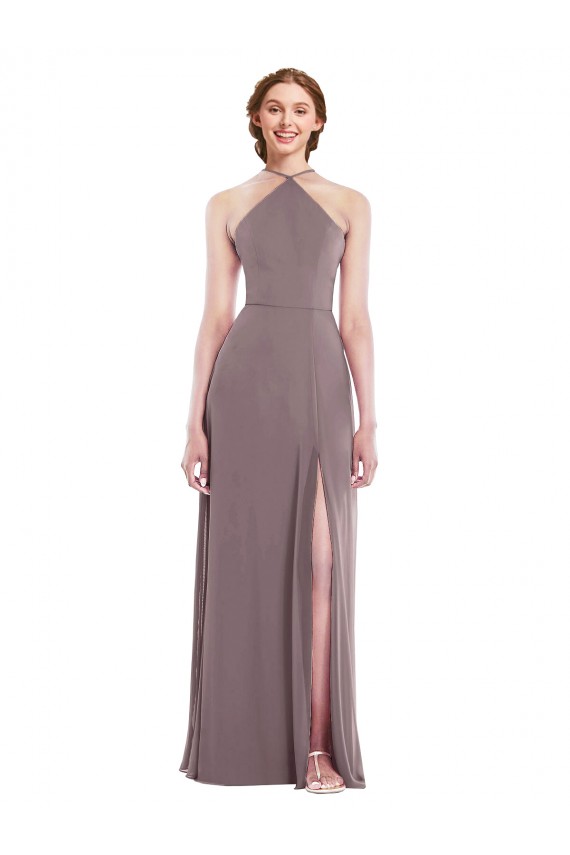 Compre Rosa polvorienta línea A Halter Gasa Largo Formales Vestidos de dama de honor / Vestidos de noche