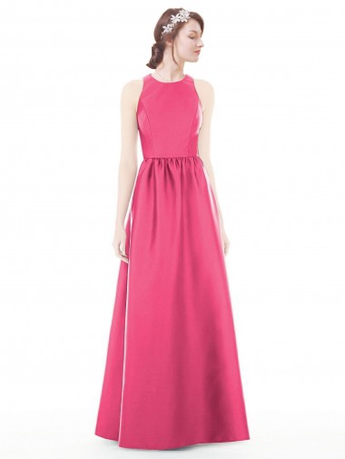 Compre Rubí línea A Cuello joya Satén Largo Vestidos de dama de honor