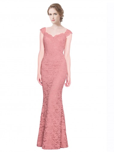 Compre Salmón Sirena Cuello de Corazón Sin tirantes Encaje Largo Vestidos de dama de honor / Vestidos de fiesta