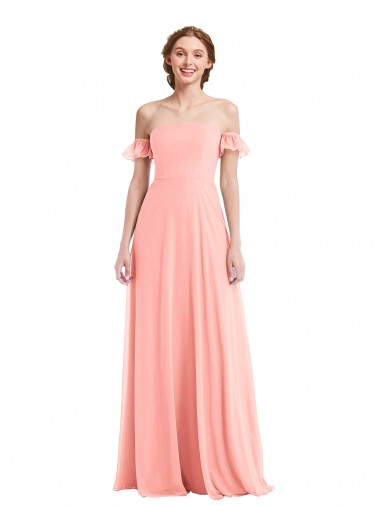 Compre Salmón línea A Hombros Descubiertos Gasa Largo Vestidos de dama de honor