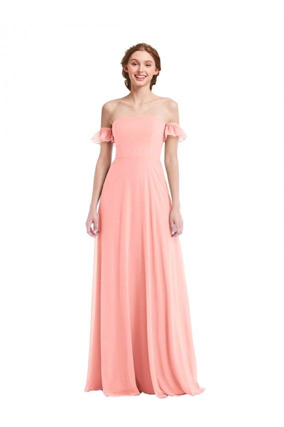 Compre Salmón línea A Hombros Descubiertos Gasa Largo Vestidos de dama de honor