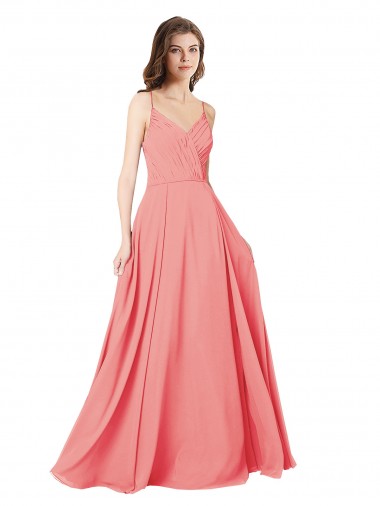 Compre Sandía línea A Cuello en V Gasa Largo Vestidos de dama de honor