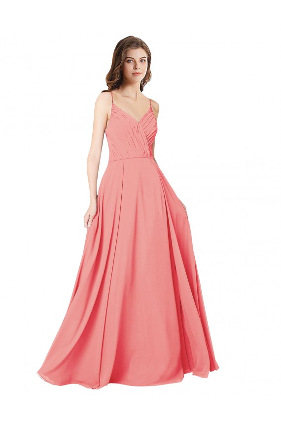 Compre Sandía línea A Cuello en V Gasa Largo Vestidos de dama de honor