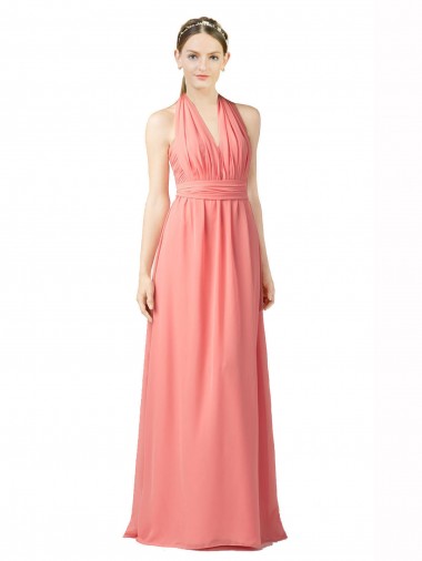 Compre Sandía línea A Halter Cuello de Corazón Gasa Largo Vestidos de dama de honor