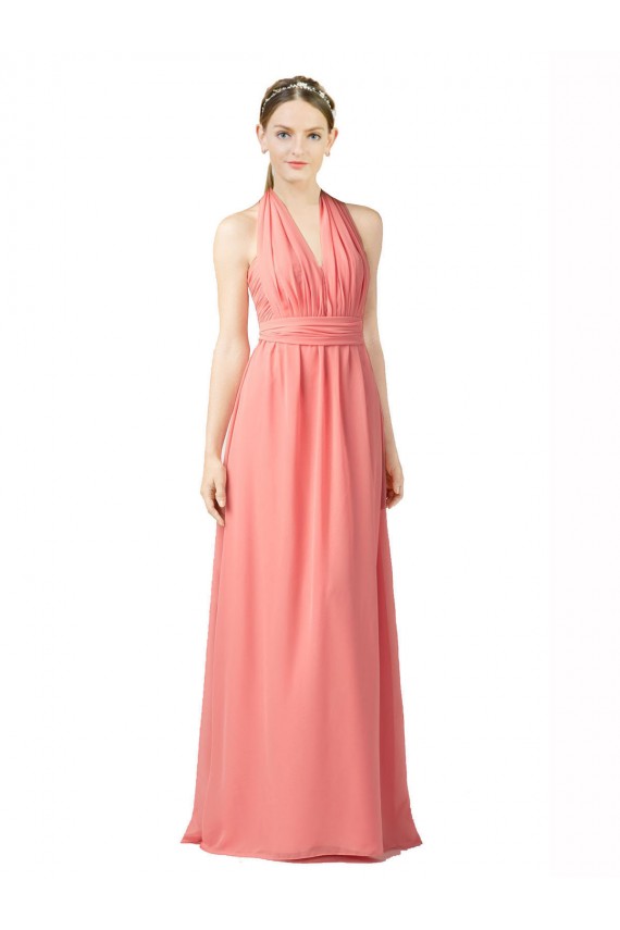 Compre Sandía línea A Halter Cuello de Corazón Gasa Largo Vestidos de dama de honor