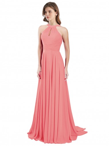 Compre Sandía línea A Halter Gasa Largo Vestidos de dama de honor