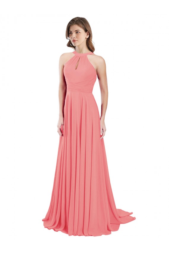 Compre Sandía línea A Halter Gasa Largo Vestidos de dama de honor