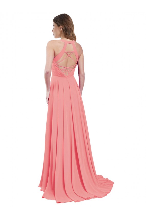 Compre Sandía línea A Halter Gasa Largo Vestidos de dama de honor