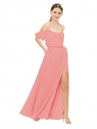 Compre Sandía línea A Hombros Descubiertos Gasa Largo Vestidos de dama de honor
