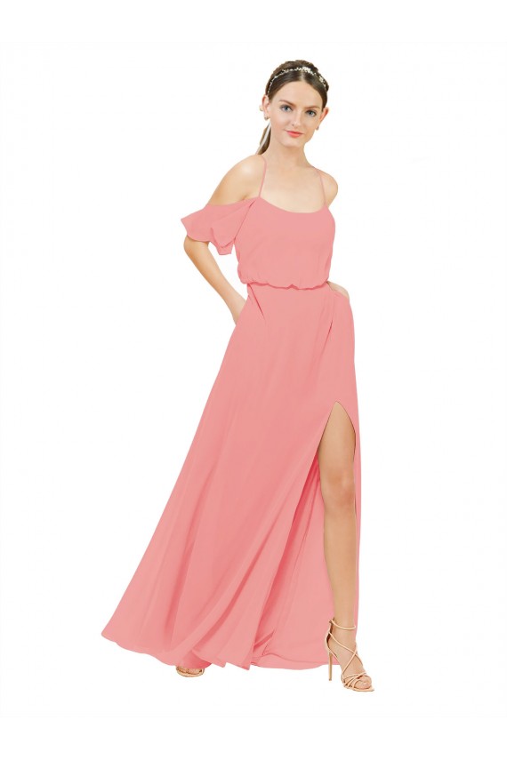 Compre Sandía línea A Hombros Descubiertos Gasa Largo Vestidos de dama de honor