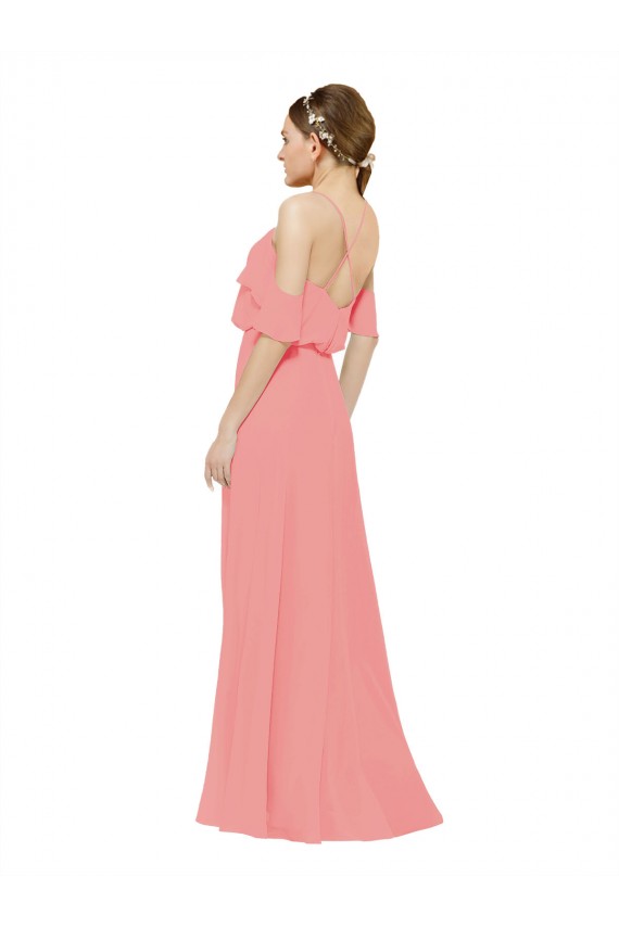 Compre Sandía línea A Hombros Descubiertos Gasa Largo Vestidos de dama de honor