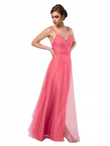 Compre Sandía línea A Tirantes espagueti Tul Largo Vestidos de dama de honor