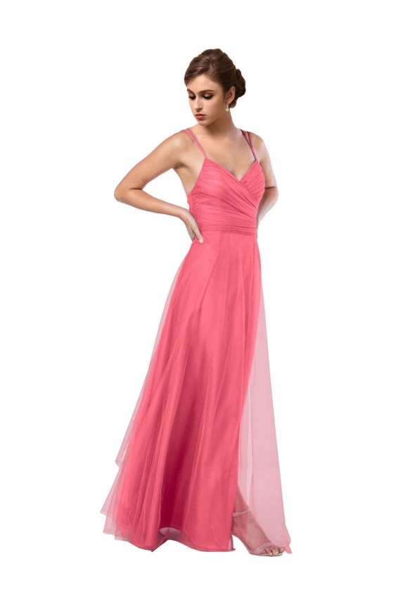 Compre Sandía línea A Tirantes espagueti Tul Largo Vestidos de dama de honor
