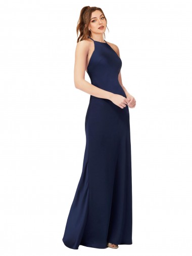 Compre Sapphire Cubierta Cuello Alto Satén sedoso Largo Formales Vestidos de dama de honor / Vestidos de fiesta