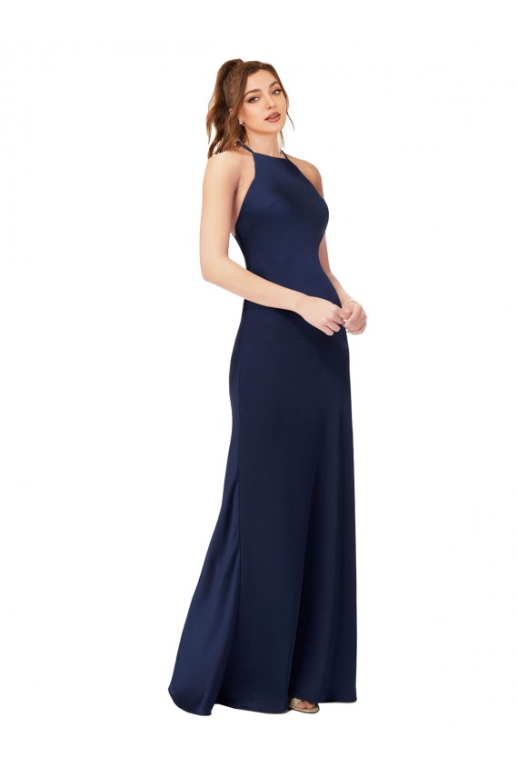 Compre Sapphire Cubierta Cuello Alto Satén sedoso Largo Formales Vestidos de dama de honor / Vestidos de fiesta