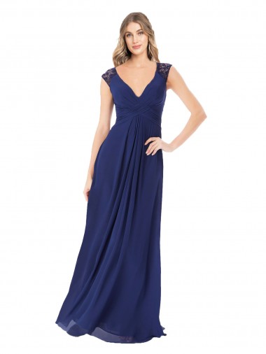 Compre Sapphire línea A Cuello en V Gasa Largo Vestidos de dama de honor