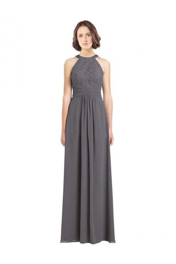 Compre Stormy Silver línea A Halter Gasa Encaje Largo Vestidos de dama de honor