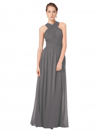 Compre Stormy Silver línea A Halter Gasa Largo Vestidos de dama de honor