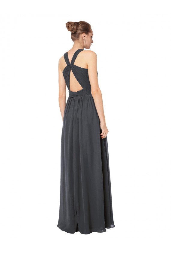 Compre Stormy Silver línea A Halter Gasa Largo Vestidos de dama de honor