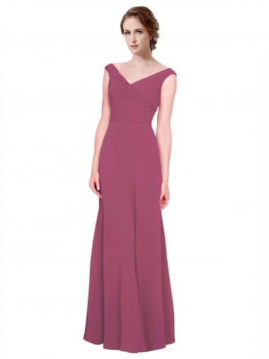 Compre Taupe línea A Cuello en V Gasa Largo Vestidos de dama de honor