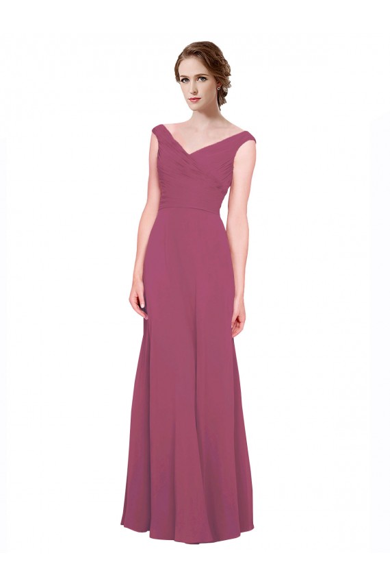 Compre Taupe línea A Cuello en V Gasa Largo Vestidos de dama de honor