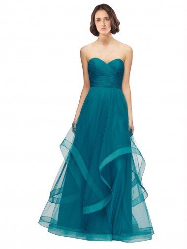 Compre Turquesa línea A Cuello de Corazón Sin tirantes Tul Largo Vestidos de dama de honor