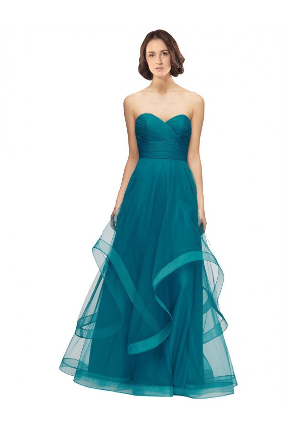 Compre Turquesa línea A Cuello de Corazón Sin tirantes Tul Largo Vestidos de dama de honor