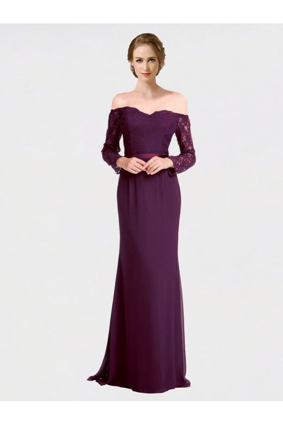 Compre Uva Sirena Hombros Descubiertos Gasa Encaje Largo Vestidos de dama de honor