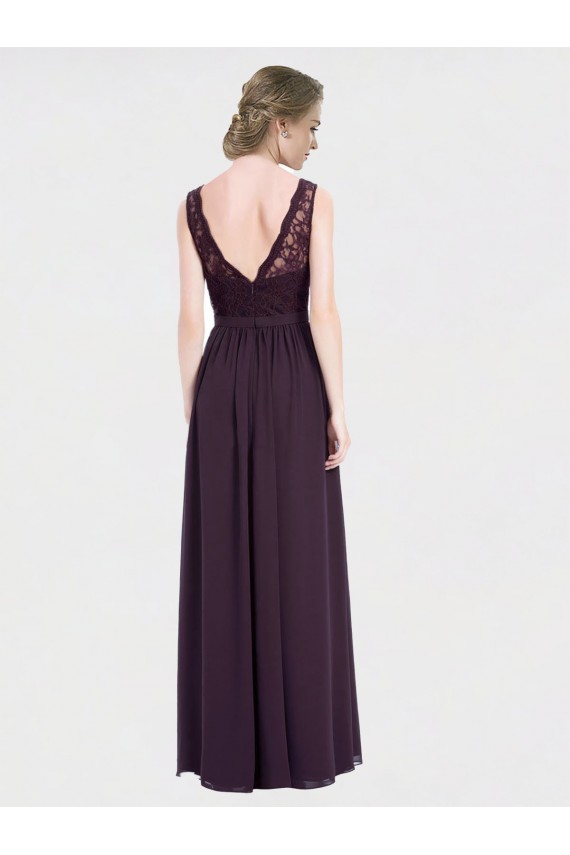 Compre Uva línea A Cuello en V Gasa Encaje Largo Vestidos de dama de honor