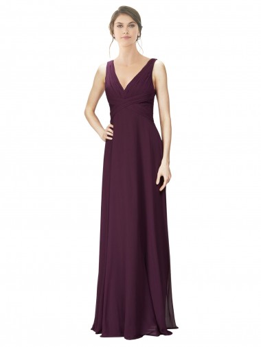 Compre Uva línea A Cuello en V Gasa Encaje Largo Vestidos de dama de honor