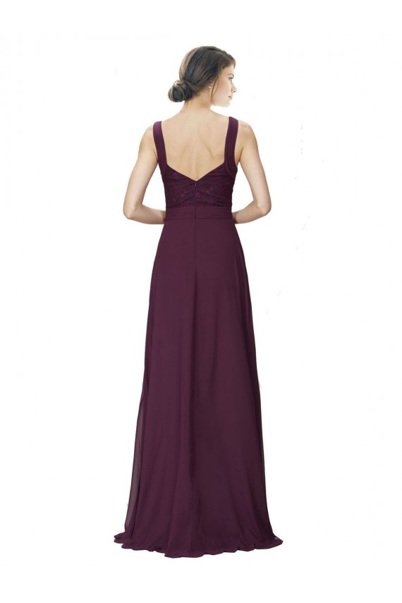 Compre Uva línea A Cuello en V Gasa Encaje Largo Vestidos de dama de honor