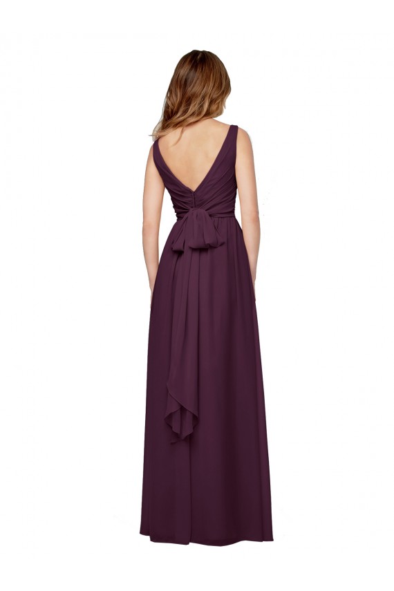 Compre Uva línea A Cuello en V Gasa Largo Vestidos de dama de honor
