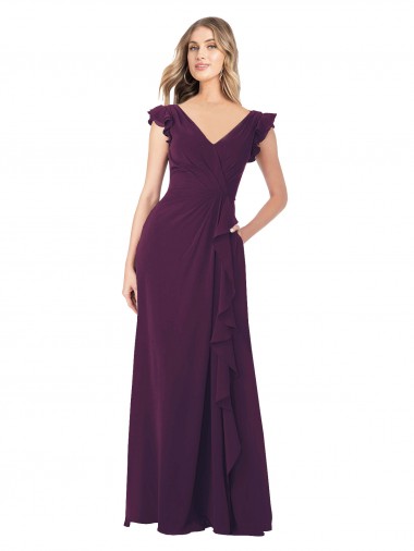 Compre Uva línea A Cuello en V Gasa Largo Vestidos de dama de honor