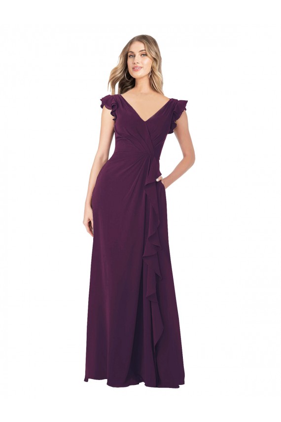 Compre Uva línea A Cuello en V Gasa Largo Vestidos de dama de honor