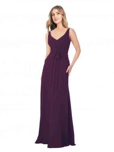 Compre Uva línea A Cuello en V Gasa Largo Vestidos de dama de honor