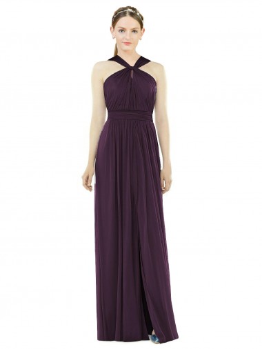 Compre Uva línea A Halter Gasa Largo Vestidos de dama de honor