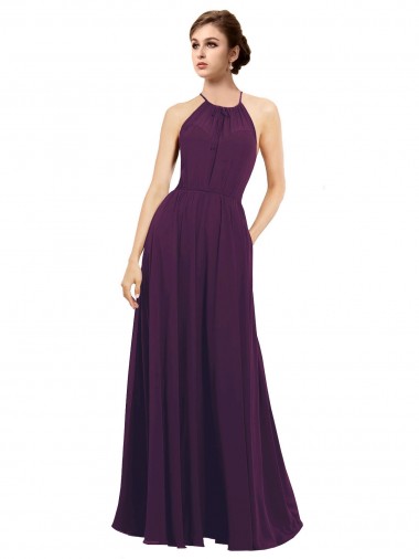 Compre Uva línea A Halter Gasa Largo Vestidos de dama de honor