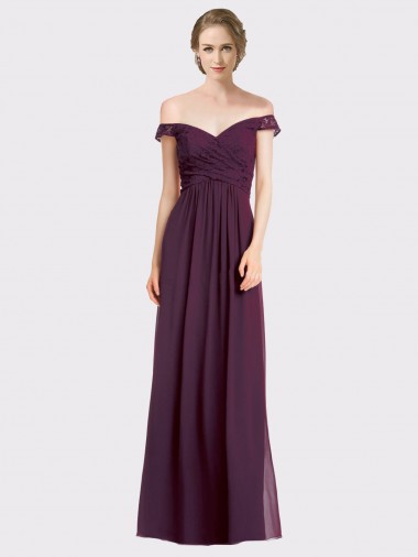 Compre Uva línea A Hombros Descubiertos Gasa Encaje Largo Vestidos de dama de honor