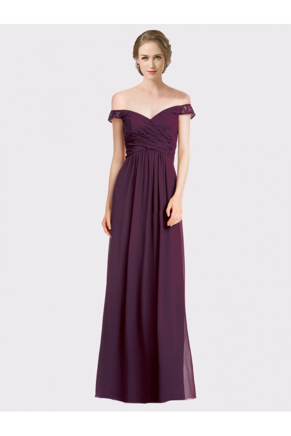 Compre Uva línea A Hombros Descubiertos Gasa Encaje Largo Vestidos de dama de honor