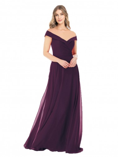 Compre Uva línea A Hombros Descubiertos Gasa Largo Vestidos de dama de honor
