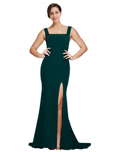 Compre Verde Midnight Cubierta Cuadrado Barrer tren Crepé Elástico Largo Vestidos de dama de honor / Vestidos de fiesta