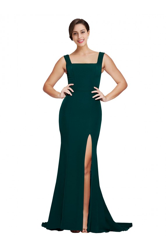 Compre Verde Midnight Cubierta Cuadrado Barrer tren Crepé Elástico Largo Vestidos de dama de honor / Vestidos de fiesta