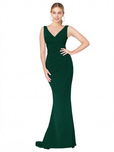 Compre Verde Midnight Sirena Cuello en V Cuello Alto Crepé Elástico Largo Formales Vestidos de dama de honor / Vestidos de fiesta