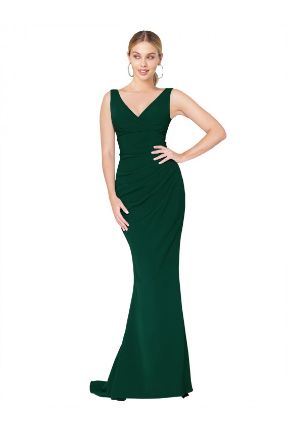 Compre Verde Midnight Sirena Cuello en V Cuello Alto Crepé Elástico Largo Formales Vestidos de dama de honor / Vestidos de fiesta